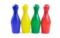 Set of collored bowling pins isolated on a white background. Skittles isolated on a white background.