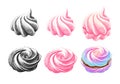 set of color airy french meringues twirls, collection of marshmallow, zephyr. Vector in graphic vintage retro style