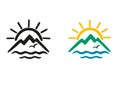 Set of color and black and white vector icons.The theme of travel  in the form of stylized sun, mountains, sea,bird. Royalty Free Stock Photo