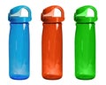 Set of color bottles for sport isolated. Three plastic bottles f