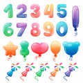 Set of color cartoon numbers, balloons and fireworks. Rainbow candy and glossy funny cartoon symbols. Collection of