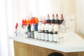 Set of color correction ink bottle for cosmetic tattoo. Many Microblading Permanent Makeup Pigments in Bottled Store Royalty Free Stock Photo