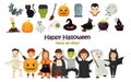 Set of color costumed girls and boys. Halloween color icons set