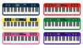 Set of color flat style vector piano roll analog synthesizer faders buttons knobs display on white background