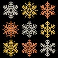 Set of color glittering snowflakes over black backgrounds, vect Royalty Free Stock Photo