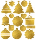 Set of color golden glittering christmas labels, box, tree, bell