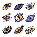 Set of color hand drawn magic evil doodle eyes. Collection of esoteric eye different shapes, cat eye, spiral, stars, moon elements