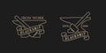 Set of color illustrations of anvil, hammer and tape with text on a black background.