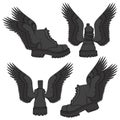 Set of color illustrations of black boots with wings. Isolated vector objects.