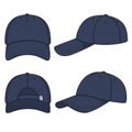 Set of color illustrations with a blue denim baseball cap. Isolated vector objects.