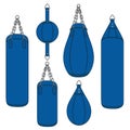 Set of color illustrations with a blue punching bag, boxing pears. Isolated vector objects.