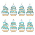 Set of color illustrations blue and white cakes with stars and moon. Isolated vector objects.