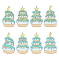 Set of color illustrations blue and white cakes with yellow stars and moon. Isolated vector objects.