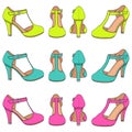 Set of color illustrations with bright female shoes with clasp on the heel. Isolated vector objects.