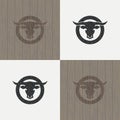 Set of color illustrations of a bull`s head in a circle on a background with a grunge and wooden texture.