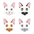 Set of color illustrations with cat faces, muzzle. Isolated vector objects.