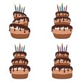 Set of color illustrations with a chocolate cake. Isolated vector objects.