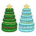 Set of color illustrations with Christmas tree made of dessert macaroons. Isolated vector objects. Royalty Free Stock Photo