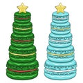 Set of color illustrations with Christmas tree made of dessert macaroons. Isolated vector objects. Royalty Free Stock Photo