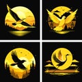 Set of color illustrations with different flying birds