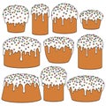 Set of color illustrations with Easter cakes. Isolated vector objects.