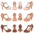 Set of color illustrations with female shoes with clasp on the heel. Isolated vector objects. Royalty Free Stock Photo