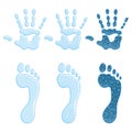 Set of color illustrations with a footprint and a handprint. Isolated vector objects.