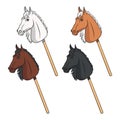 Set of color illustrations with hobby horse toy on stick. Isolated vector objects.