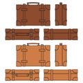 Set of color illustrations with leather retro suitcase, case. Isolated vector objects.