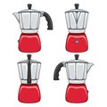 Set of color illustrations of red geyser coffee makers. Isolated vector objects.