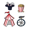 A set of color illustrations on the theme of the circus, circus tent, cartoon