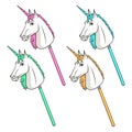 Set of color illustrations with unicorn hobby horse toy on stick. Isolated vector objects.