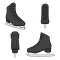 Set of color images with black skates for figure skating. Isolated vector objects.