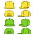 Set of color images of a rapper cap with a flat visor, snapback. Isolated vector objects. Royalty Free Stock Photo