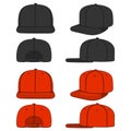 Set of color images of a rapper cap with a flat visor, snapback. Isolated vector objects.