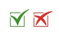 Set of color isolated icons of cross and tick on white background. Green and red icon of check box. Green yes. Red no Royalty Free Stock Photo