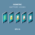 Set of color isometric battery icons with mobile phones.