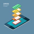 Set of color isometric battery icons.