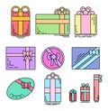 Set of color linear icons of festive gifts of various shapes