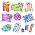 Set of color linear stickers of festive gifts of various shapes. The object is separate from the background.