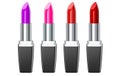 Set of color lipsticks. Red lipstick, pink lipstick, wine lipstick. Red lipstick set on white background ,3D render.