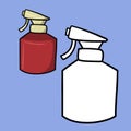 A set of color and monochrome illustrations. Red bottle for spraying plants, fertilizer sprayer, cartoon vector