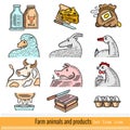 Set of Color Outline Web Icon. Domestic animals and products Royalty Free Stock Photo