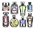 Set of color perfume bottles. Sketch style. Vector illustration. Royalty Free Stock Photo