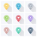 Set of color pointers and markers for map and plan with white icons on grey background. Royalty Free Stock Photo