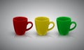 Set of color porcelain cup with reflection and shadow isolated on background. illustration