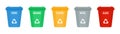 Set of color recycle garbage bins different types of waste. Bin with recycle symbol for plactic ,organic ,metal ,paper and glass Royalty Free Stock Photo