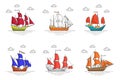 Set of color ships with sails in the sea for trip, tourism, travel agency, hotels, vacation card Royalty Free Stock Photo