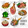 Set color sketch meat, fish, side dishes. Royalty Free Stock Photo