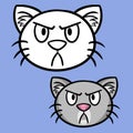 A set of color and sketch pictures. Angry grey cat, cat face, cartoon vector picture